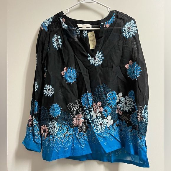 Ann Taylor Loft Black Blue Multi Color Floral Sheer Blouse Size Small Petite - Picture 2 of 10